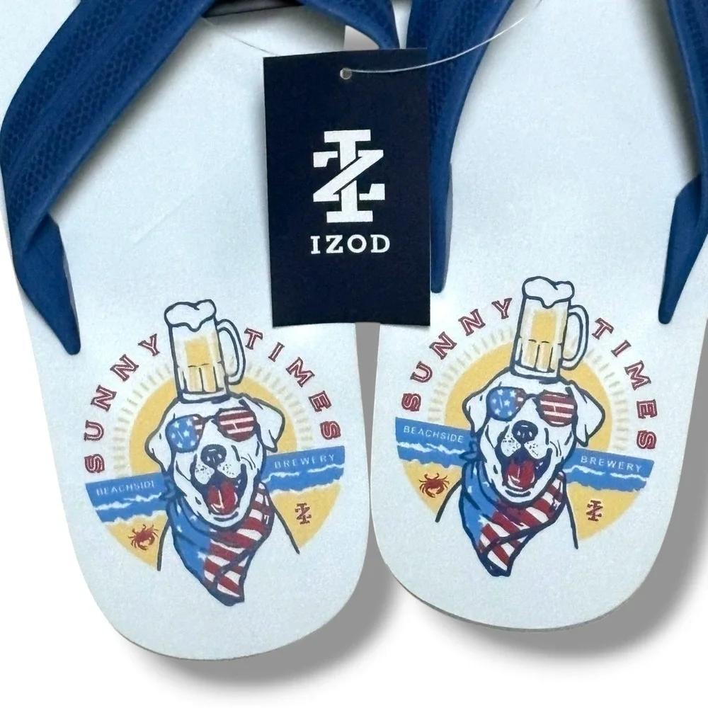 IZOD Mens Flip Flops Large 11-12 White Blue Sunny Times Brewery Dog‎ Sandals NEW